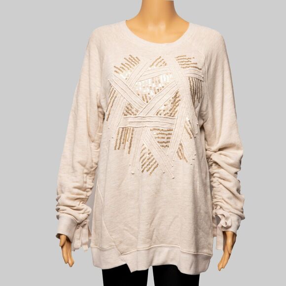 Democracy Women Asymmetric Hem Crew Neck Sweater Oatmeal Size L 6540 - Picture 1 of 1